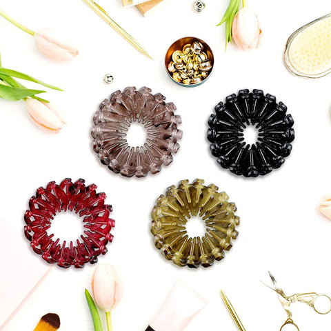 4-Piece Vintage Geometric Retractable Hair Clips - Expandable Bird Nest Ponytail Holders