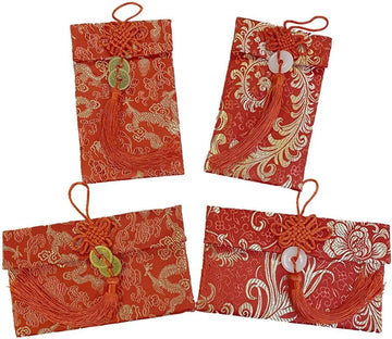 4 Pack Chinese Silk Red Money Envelopes for Wedding/New Year/Father's day/Mother's day/BF/GF/Birthday Party Gift