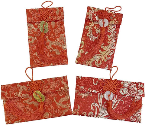 4 Pack Chinese Silk Red Money Envelopes for Wedding/New Year/Father's day/Mother's day/BF/GF/Birthday Party Gift