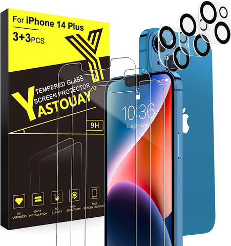 Yastouay 3+3 Pack Screen & Camera Protector for iPhone 14 Plus 6.7” - 3 Tempered Glass + 3 Lens Covers