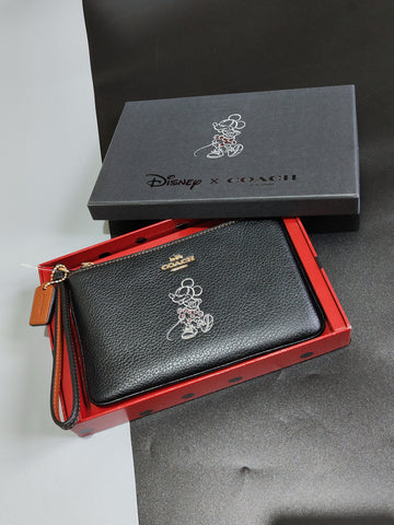 Coach Minnie Mouse Disney Leather Clutch Bag Handbag with Wristband in Black