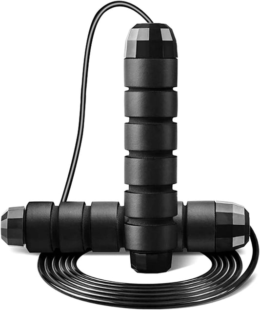 A black skipping rope with an ergonomic handle, designed for adult fitness workout.