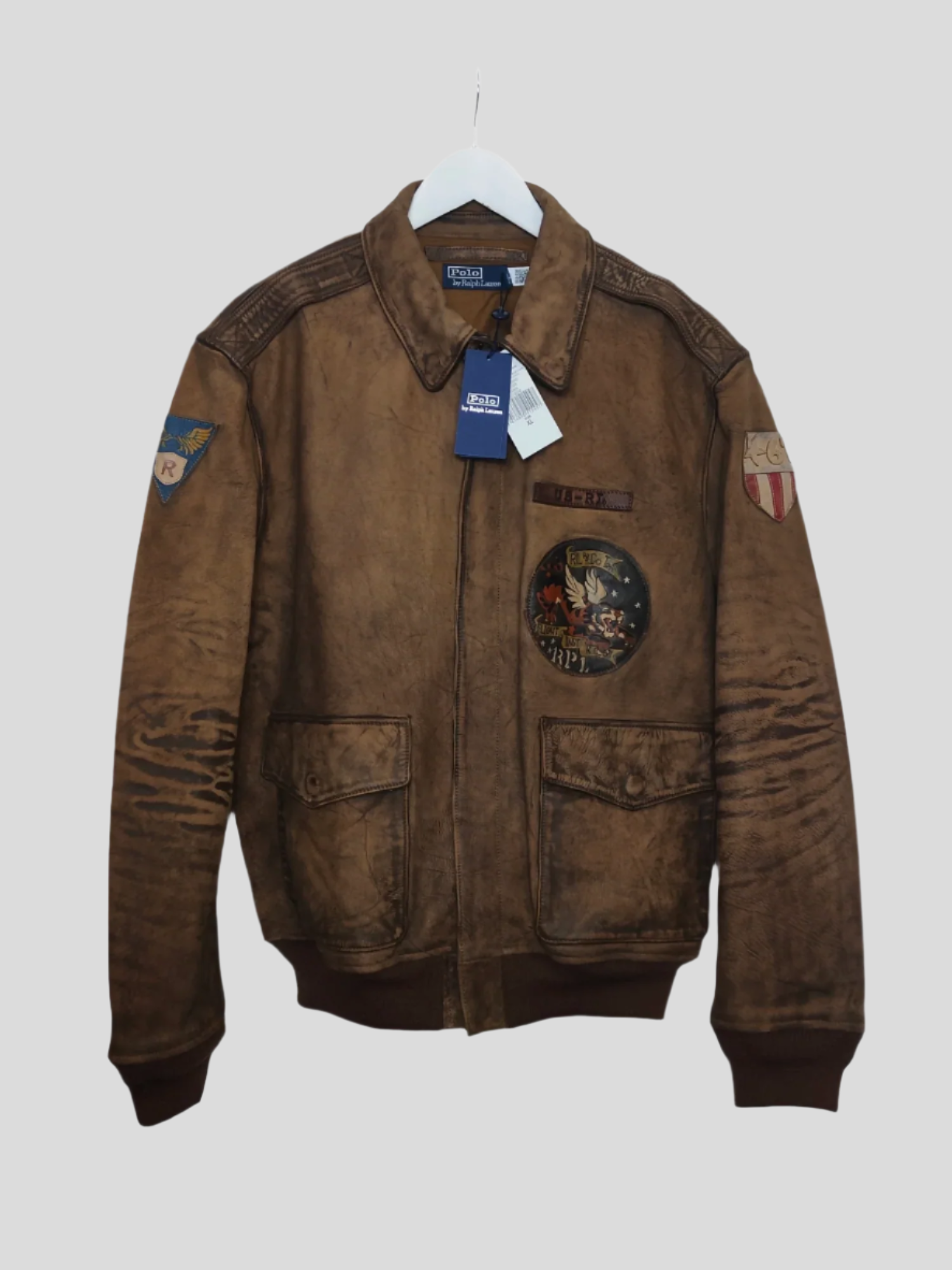 Polo Ralph Lauren Patchwork Aviator Bomber Leather Jacket in Brown XL