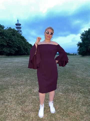 Calvin Klein Women’s Off-The-Shoulder Flutter Bell Sleeve Dress Burgundy