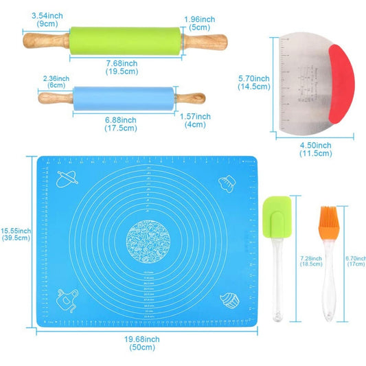 Multi Colour Silicone Rolling Pin Pastry Mat Dough Roller Set Scraper Cutter