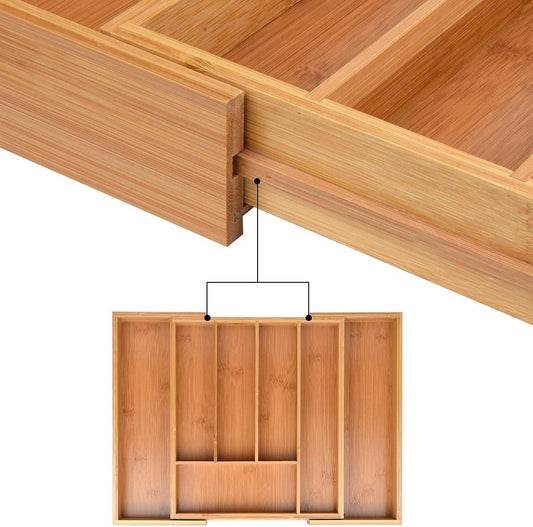 Bamboo Expandable Cutlery Tray Drawer Organiser 5-7 Storage Compartments