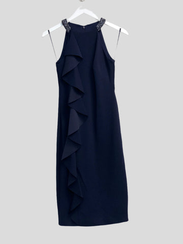 Ralph Lauren Women’s Beaded Ruffled Sleeveless Cocktail Dress Navy
