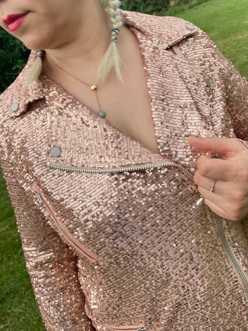 Free People Midnight Message Moto Sequin Jacket in Rose Gold