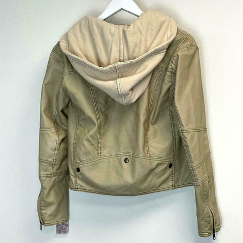 Free People Women’s Leather Hooded Biker Jacket in Beige