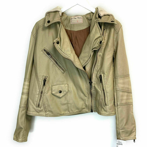 Free People Women’s Leather Hooded Biker Jacket in Beige