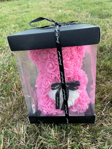 Rose Flower Teddy Bear Valentines Day Gift For Her Anniversary, Birthday Gift With Clear Gift Box 25cm