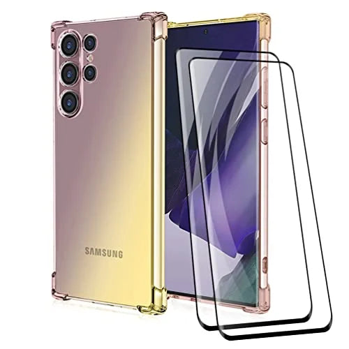 DOINK Colourful Gradient Shockproof Case Slim Fit for Samsung Galaxy S22 Ultra 6.8" with 2pc Tempered Glass Screen Protector in Black/Gold