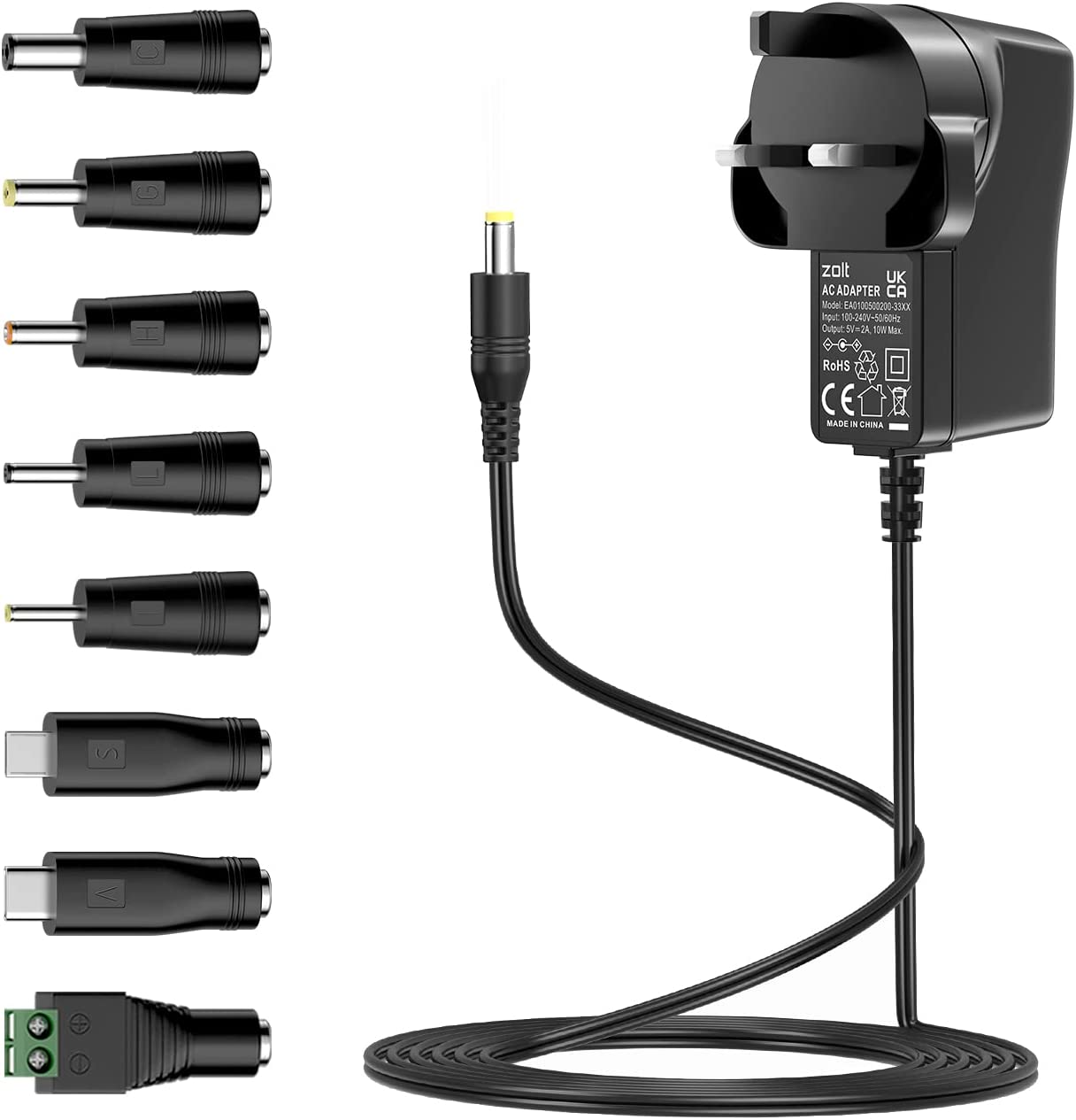 Zolt Universal AC to DC Power Adapter 5V 1A/2A with Multi DC Plugs