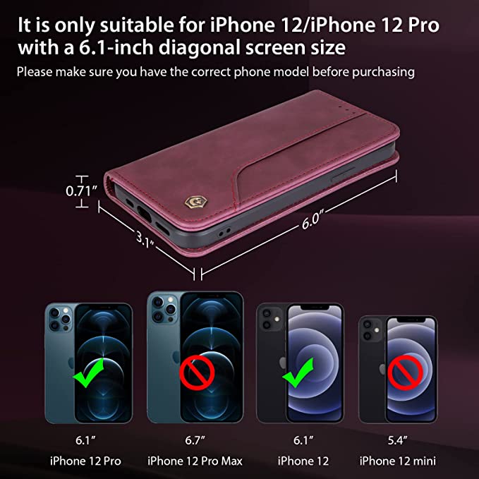 POLA iPhone 12/ iPhone 12 Pro Flip Case Magnetic Leather Wallet Case Cover with Stand in Wine Red