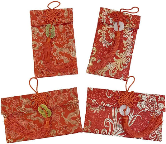 4 Pack Chinese Silk Red Money Envelopes for Wedding/New Year/Father's day/Mother's day/BF/GF/Birthday Party Gift
