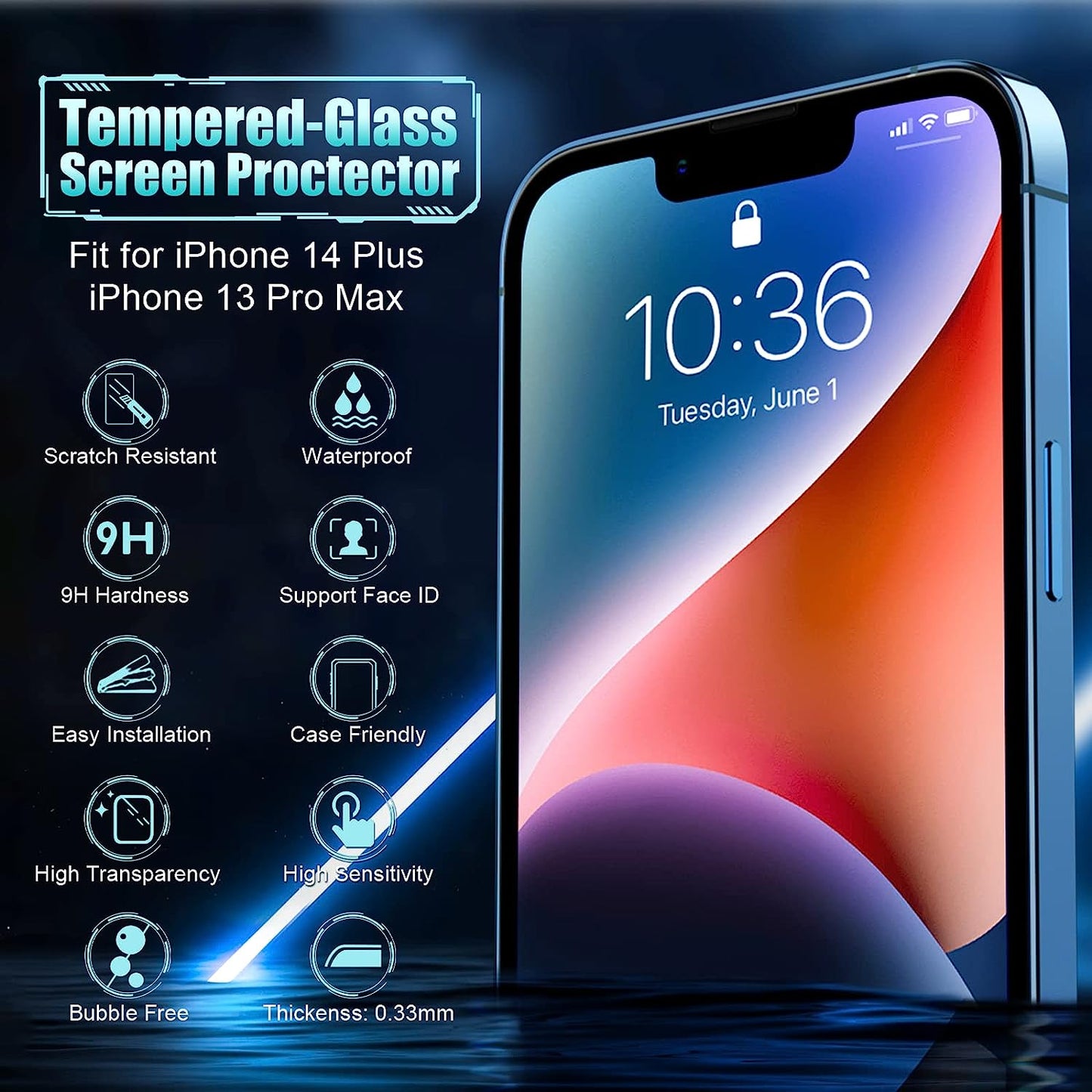 Yastouay 3+3 Pack Screen Protector for iPhone 14 Plus 6.7"/ 3x Tempered Glass + 3x Camera Lens Protector