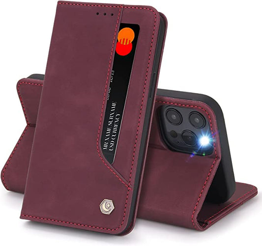 POLA iPhone 12/ iPhone 12 Pro Flip Case Magnetic Leather Wallet Case Cover with Stand in Wine Red