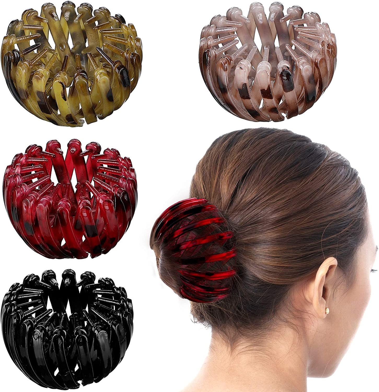 4-Piece Vintage Geometric Retractable Hair Clips - Expandable Bird Nest Ponytail Holders