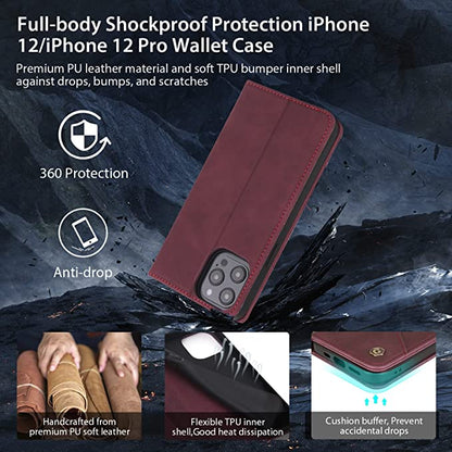 POLA iPhone 12/ iPhone 12 Pro Flip Case Magnetic Leather Wallet Case Cover with Stand in Wine Red