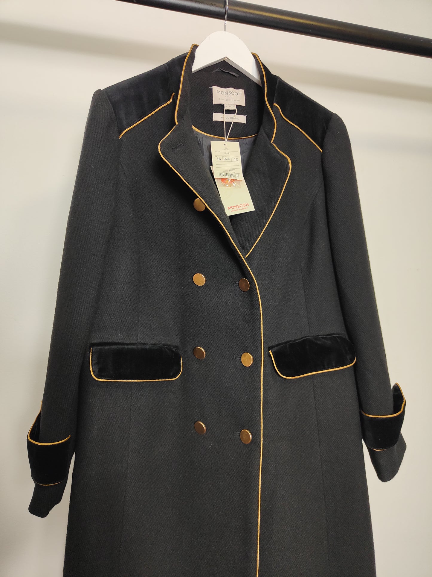 Women's Military Jacket Wool Blend Double Breasted Coat in Black UK 16 / EU 44