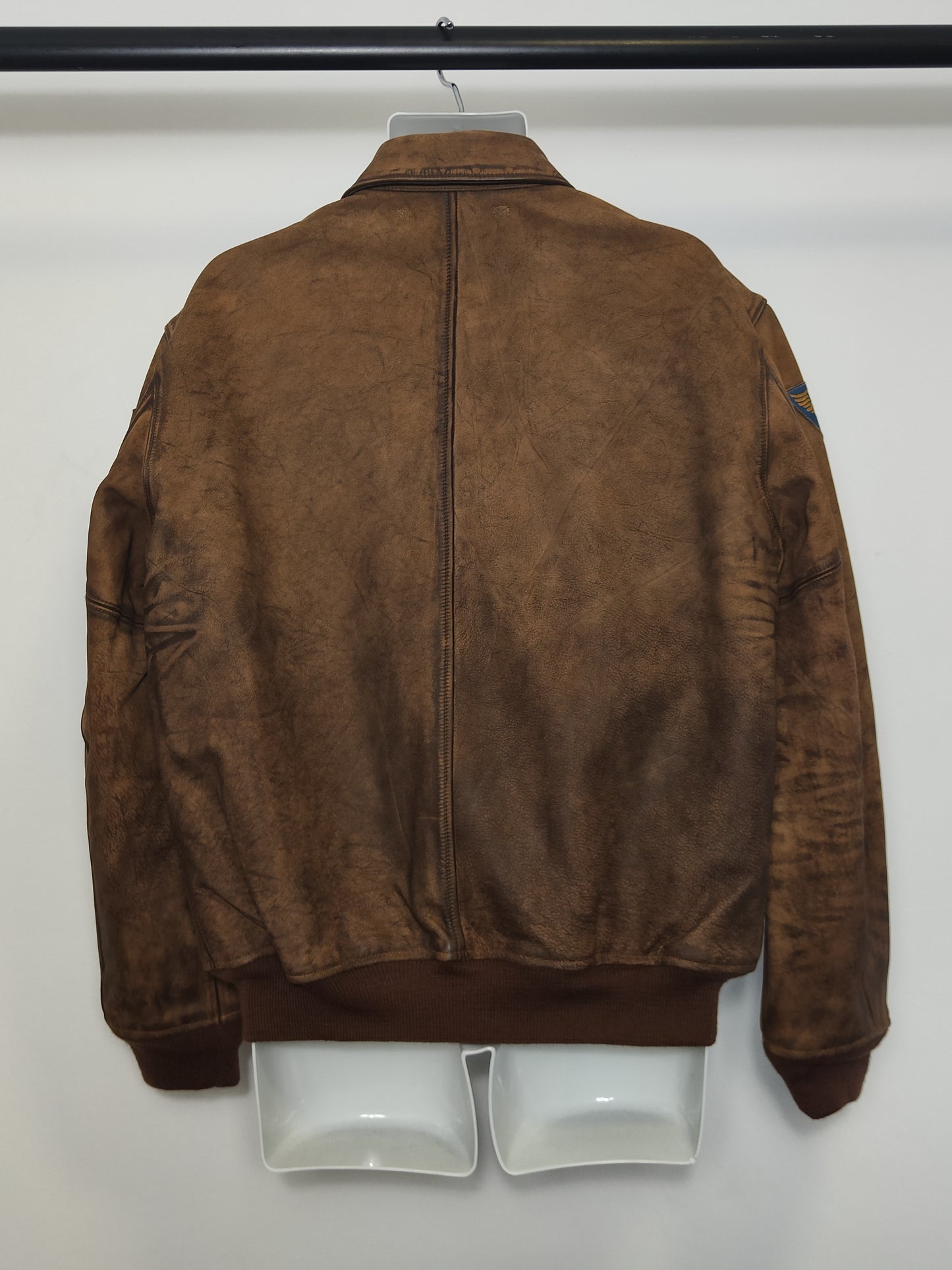 Bomber Patchwork Leather Aviator Jacket in Brown XL