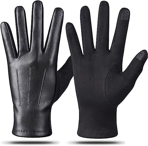 Winter Leather Gloves for Men - Touch Screen, Wool Lined Suede Driving Gloves, Black