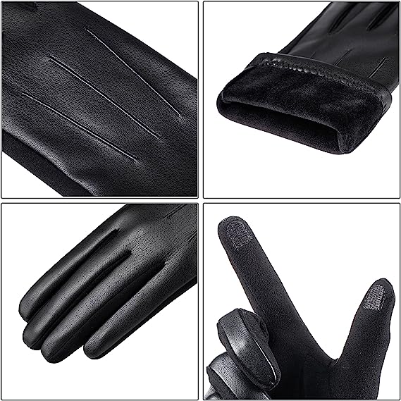 Winter Leather Gloves for Men with Touch Screen Texting Finger Wool Lined Outdoor Warm Suede Driving Gloves in Black