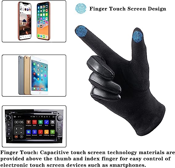 Winter Leather Gloves for Men with Touch Screen Texting Finger Wool Lined Outdoor Warm Suede Driving Gloves in Black