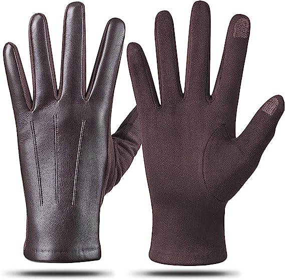 Winter Leather Gloves for Men - Touch Screen, Wool Lined Suede Driving Gloves, Brown