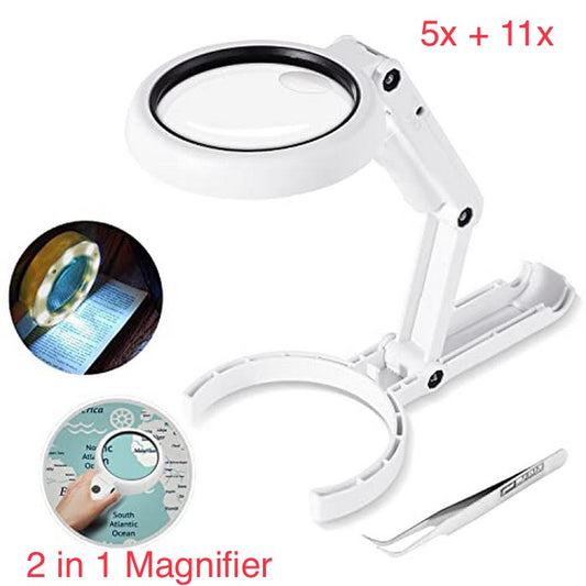 Portable illuminated Magnifying Glass 5X 11X Jewellery Loupe Reading 8 LEDs Desktop Helping Hand With Tweezer
