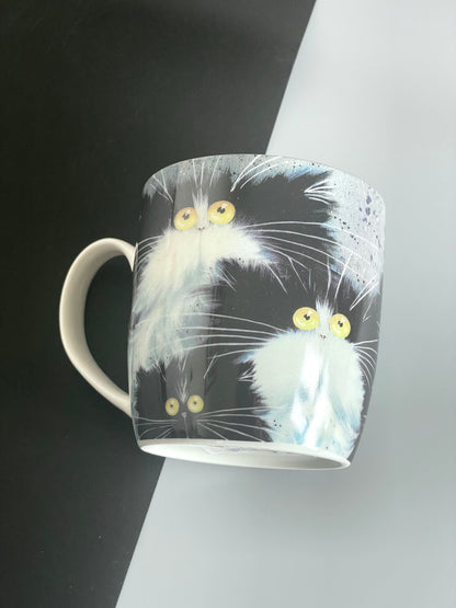 Porcelain Tea Mug Fluffy Black & White Cats Design Cat Mug Coffee Cup