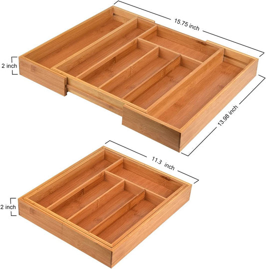 Bamboo Expandable Cutlery Tray Drawer Organiser 5-7 Storage Compartments