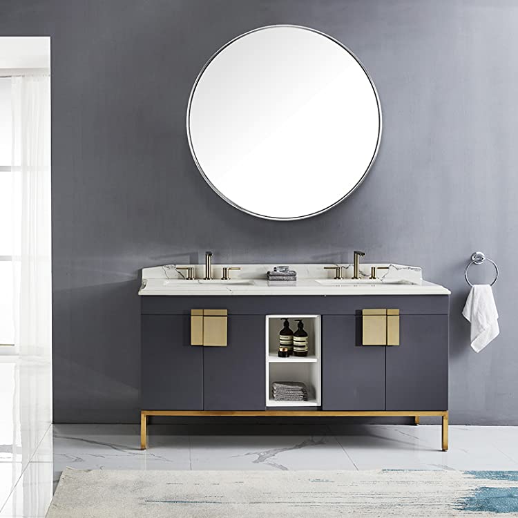 Satin Lake Silver Round Mirror Beveled Accent Mirror 88.9x88.9 CM Stainleass Steel Frame