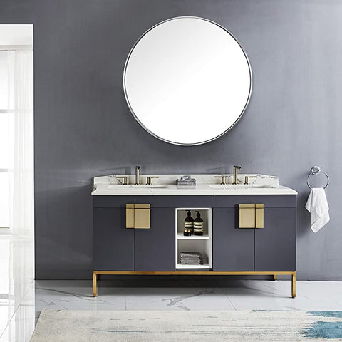 Satin Lake Silver Round Mirror Beveled Accent Mirror 88.9x88.9 CM Stainleass Steel Frame