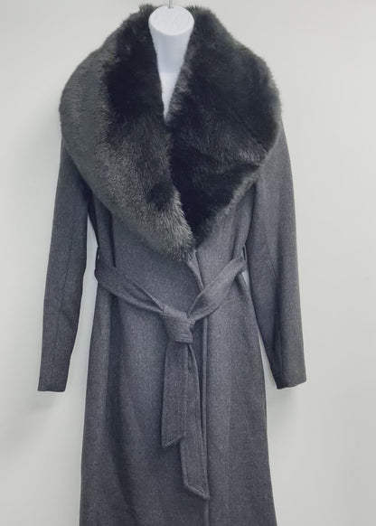 Cole Haan Faux Fur Collar Women’s Trench Coat Dark Grey