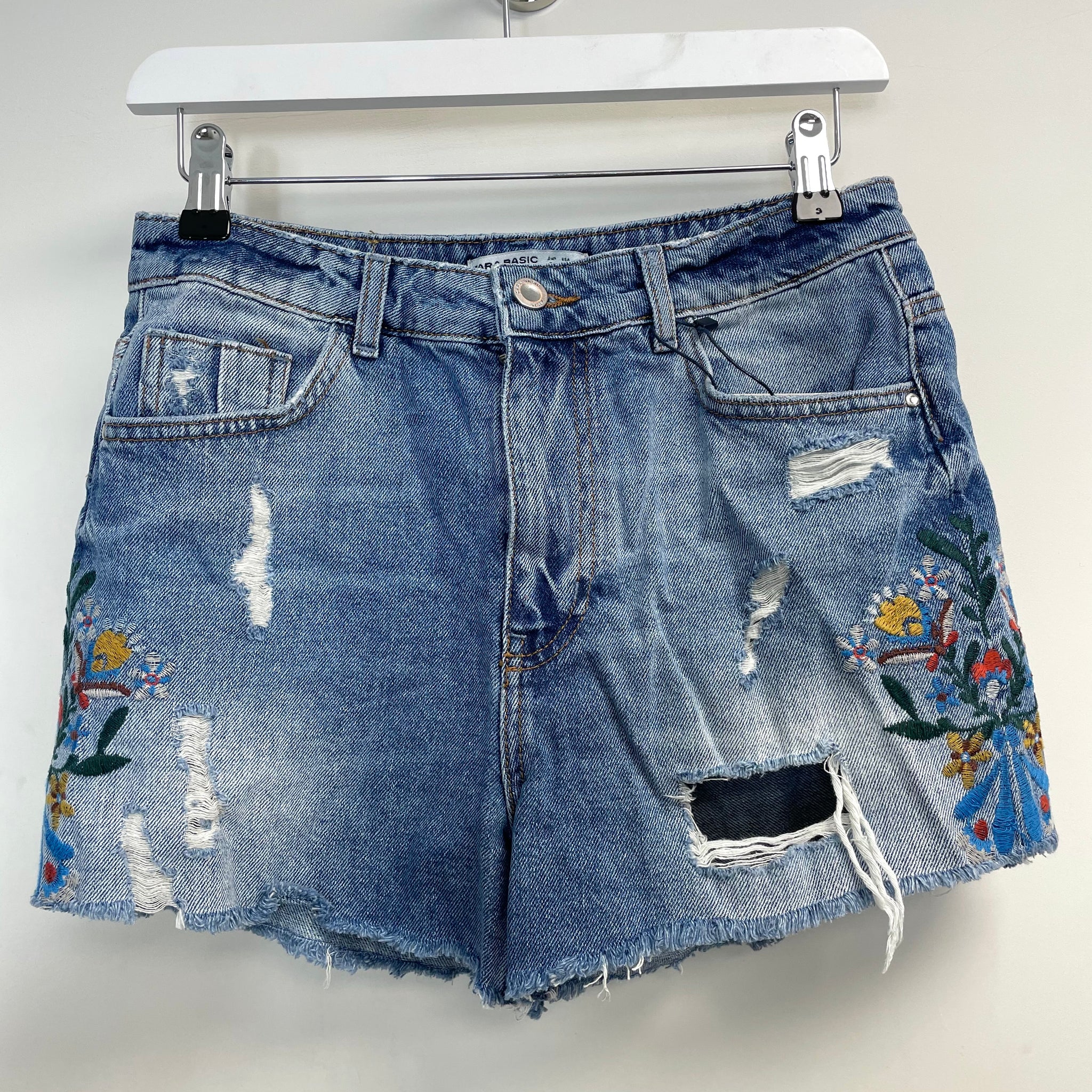 Zara Women’s Distressed Ripped Denim Shorts Deep Blue