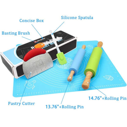 Multi Colour Silicone Rolling Pin Pastry Mat Dough Roller Set Scraper Cutter