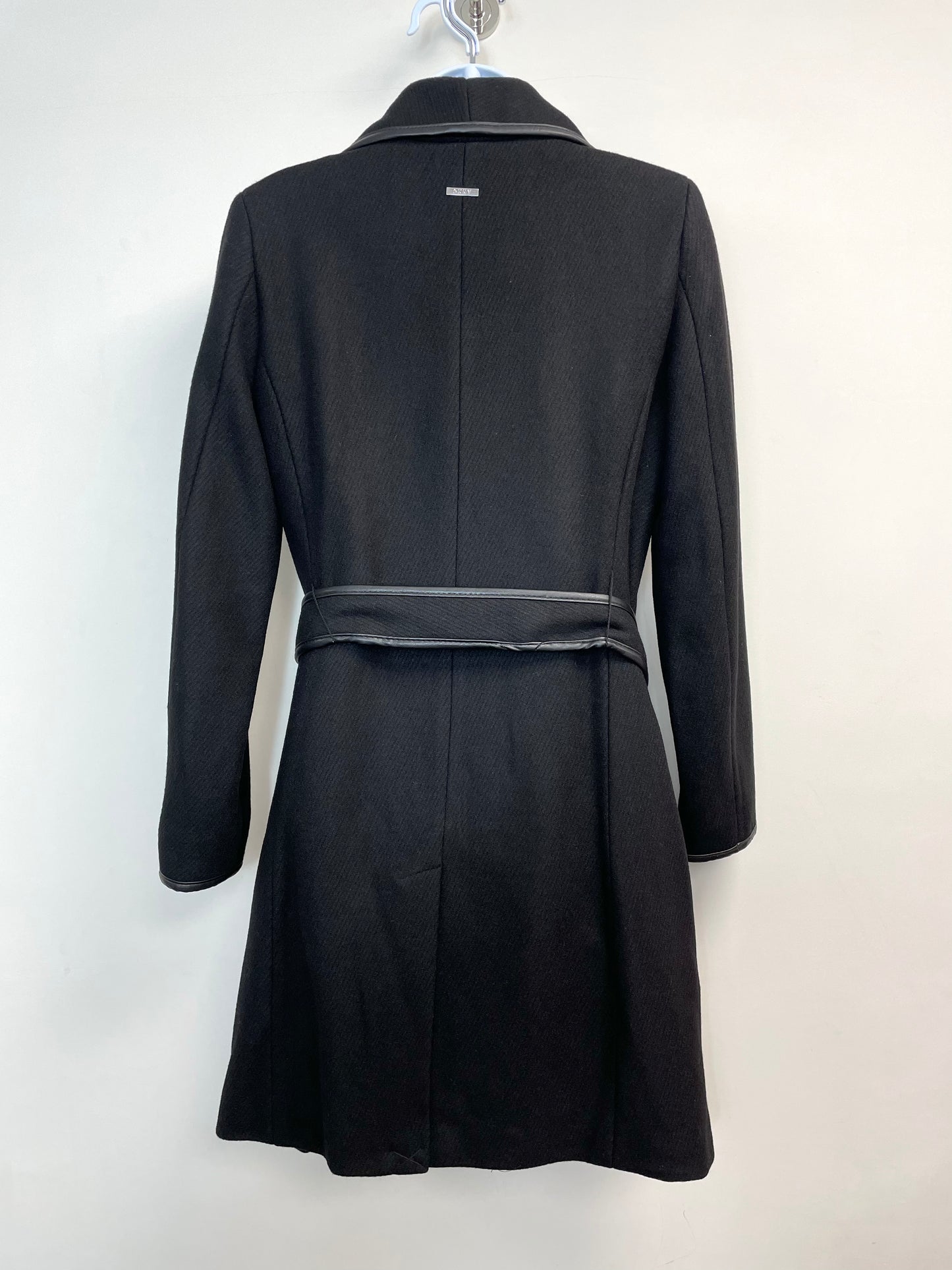 Women’s Wool Blend Leather Trim Wrap Coat in Black XS