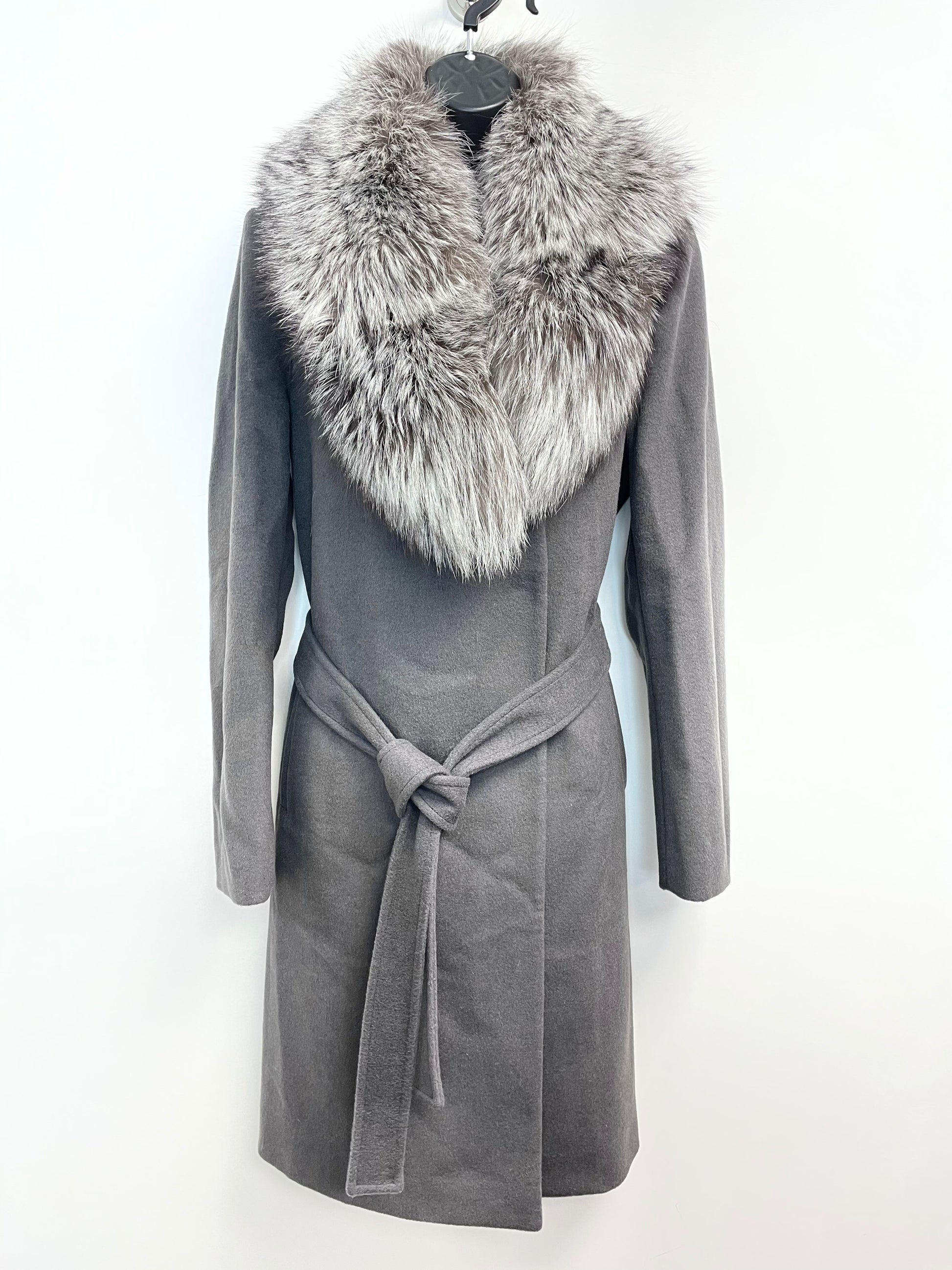 Hooded Wool Wrap Coat with Fox Fur Trim in Grey