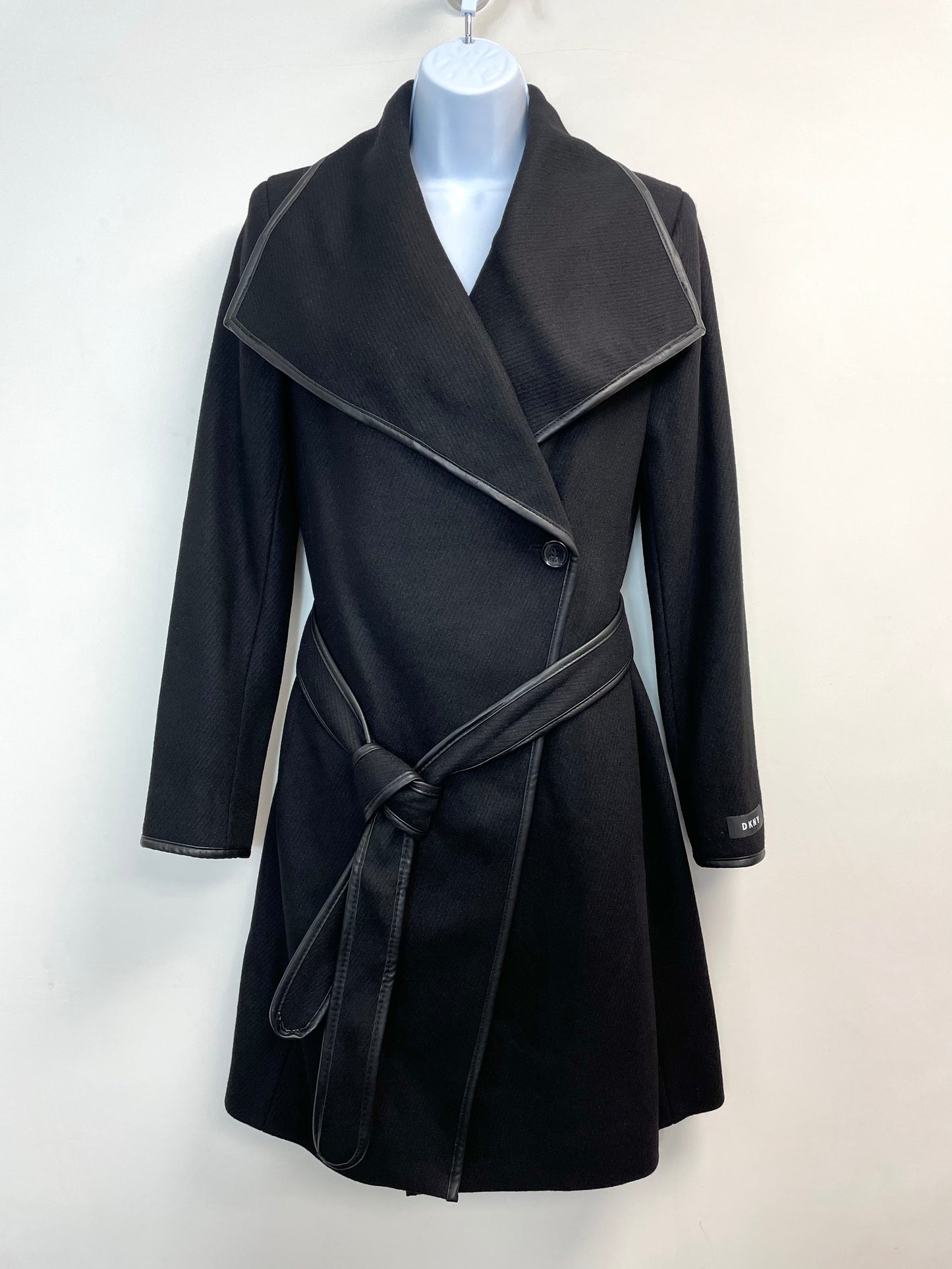 Women’s Wool Blend Leather Trim Wrap Coat in Black XS