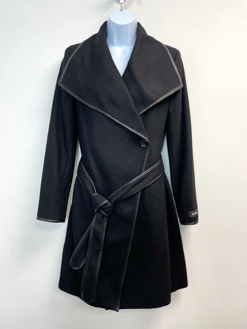 DKNY Women's Wool Blend Leather Trim Wrap Coat in Black - Size XS