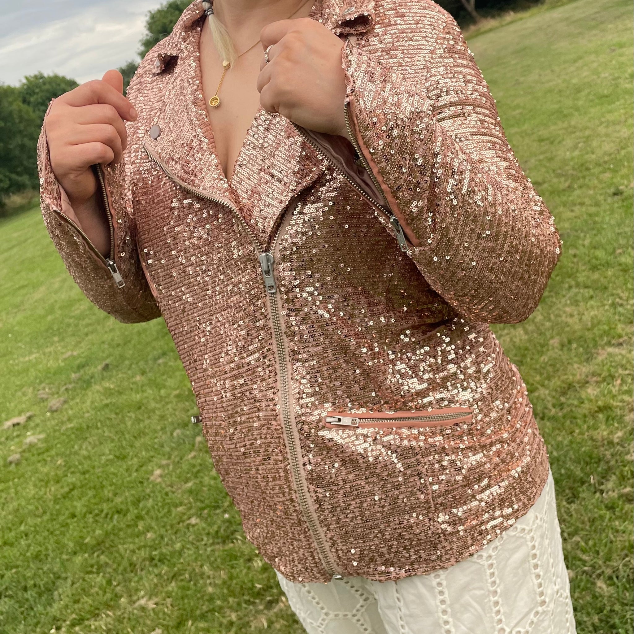 Free People Midnight Message Moto Sequin Jacket in Rose Gold