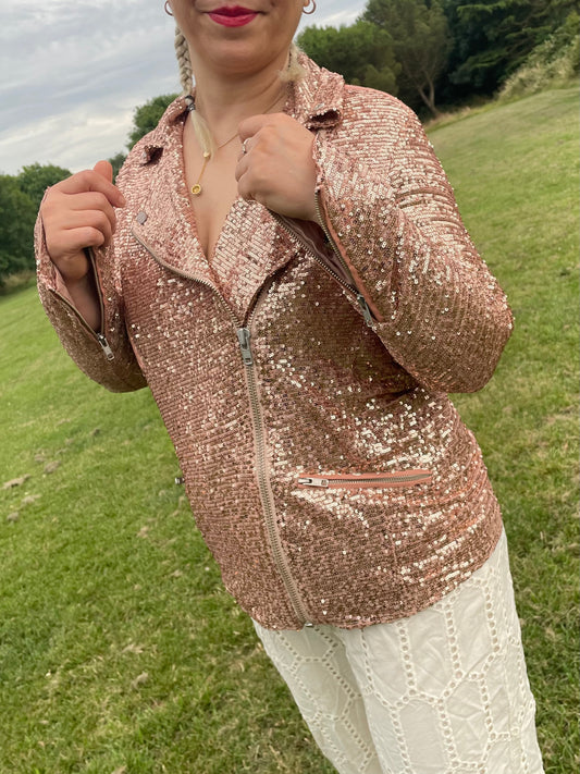 Free People Midnight Message Moto Sequin Jacket in Rose Gold