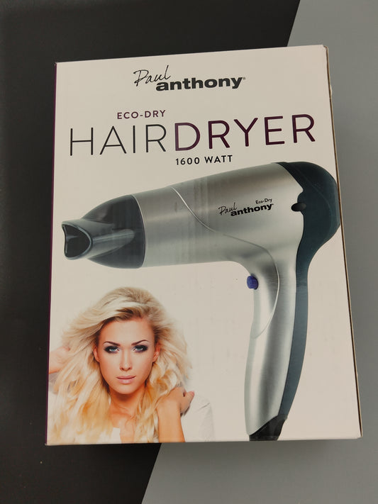 Paul Anthony Eco-Dry 1600w Hair Dryer with 3 Heat Settings Silver/Black