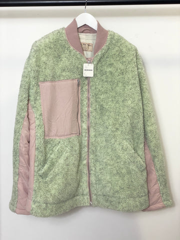 Free People Women's Rivington Sherpa Jacket Full Zip in Green/Pink