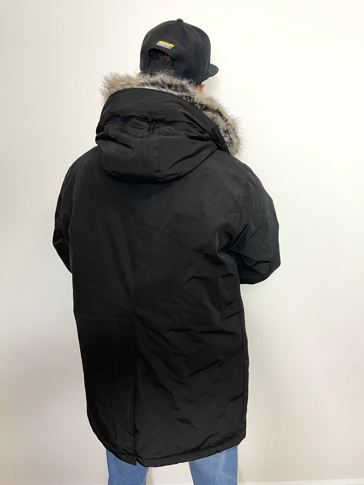 Men’s Faux Fur Hooded Parka Coat in Black XL