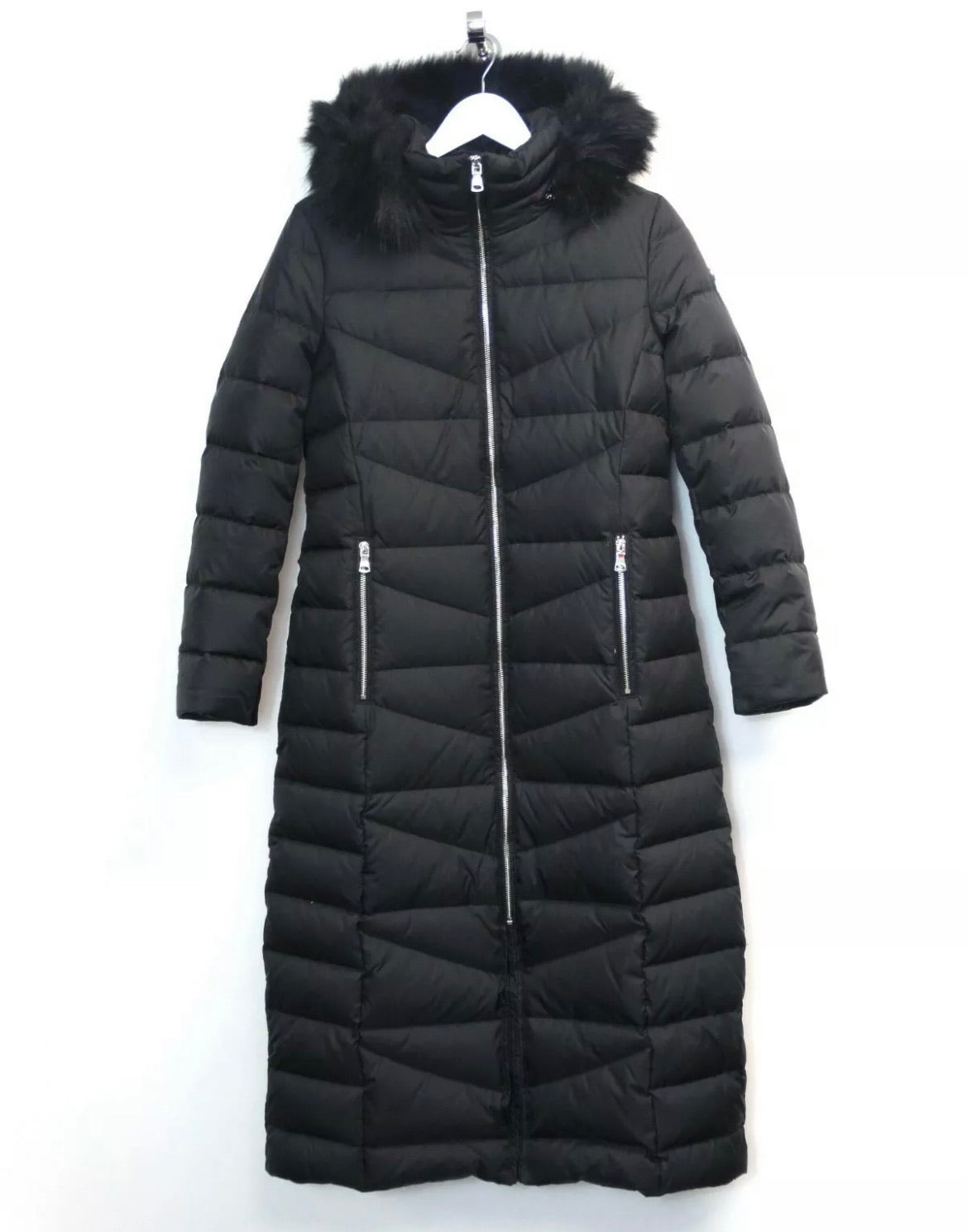 CK Women’s Long Maxi Faux Fur Hood Down Coat Black