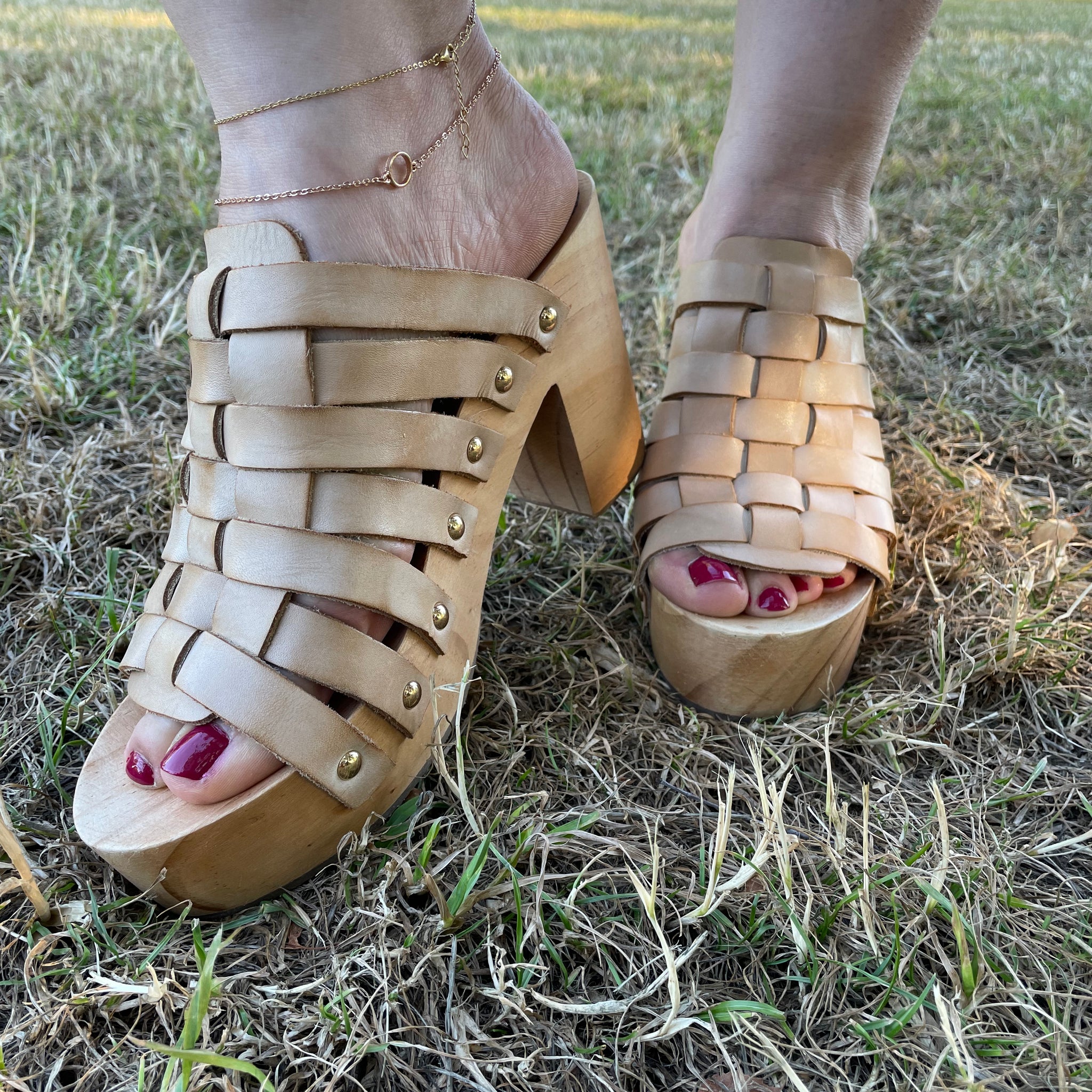 Free People Women’s Wooden High Heel Clog Slides Tan